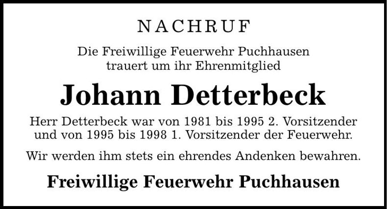 Traueranzeige Johann Detterbeck