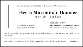 Traueranzeige Maximilian Baumer