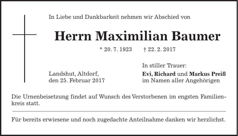 Traueranzeige Maximilian Baumer