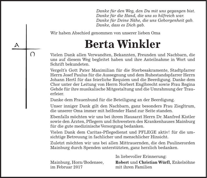 Traueranzeige Berta Winkler