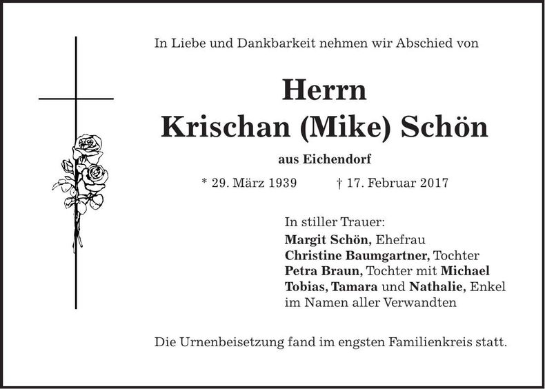 Traueranzeige Krischan (Mike) Schön