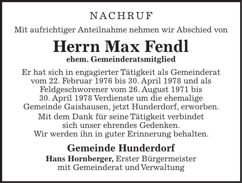 Traueranzeige Max Fendl