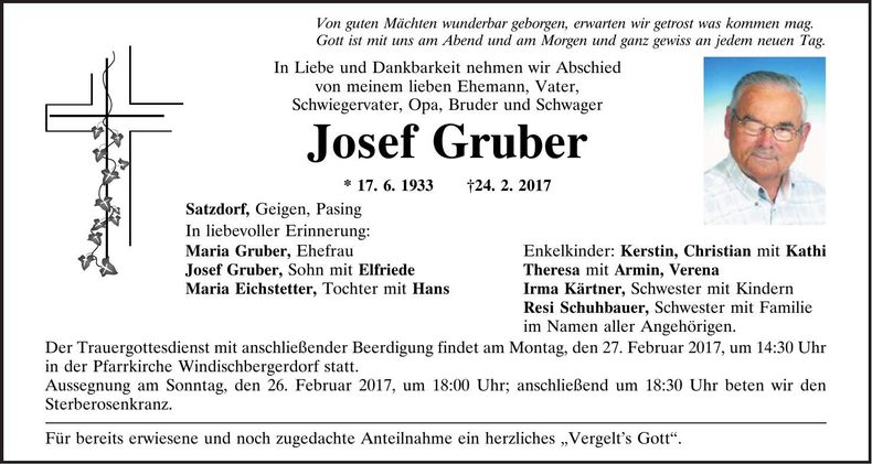 Traueranzeige Josef Gruber