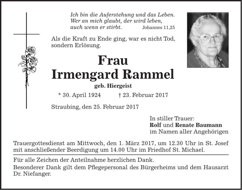 Traueranzeige Irmengard Rammel