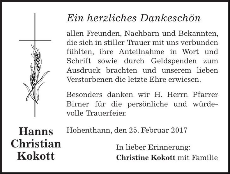 Traueranzeige Hanns Christian Kokott