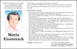 Traueranzeige Maria Eisenreich