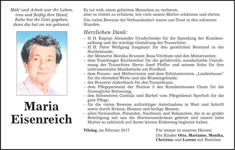 Traueranzeige Maria Eisenreich