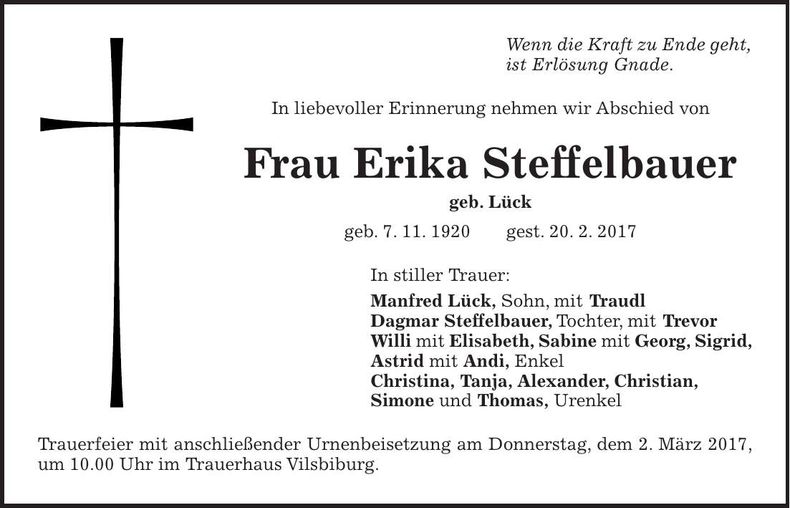 Traueranzeige Erika Steffelbauer