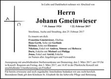 Traueranzeige Johann Gmeinwieser