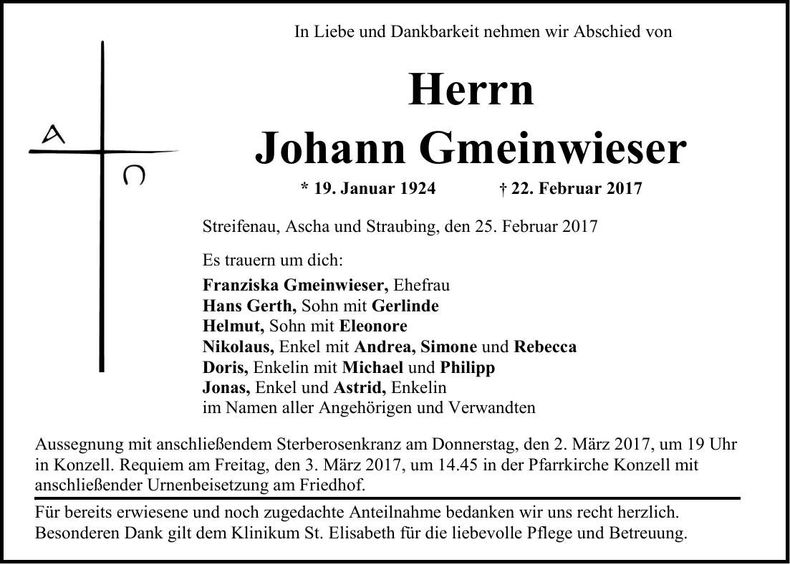 Traueranzeige Johann Gmeinwieser