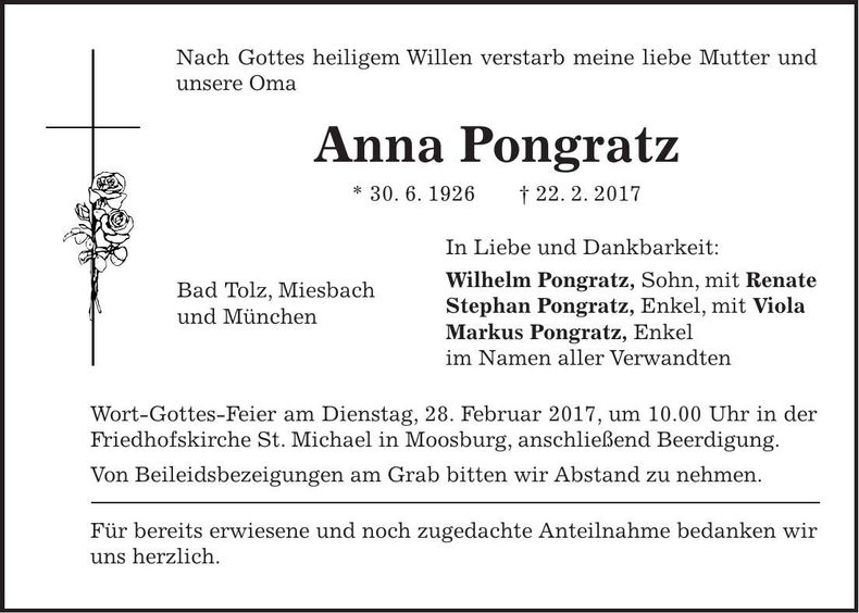 Traueranzeige Anna Pongratz