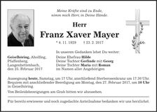 Traueranzeige Franz Xaver Mayer