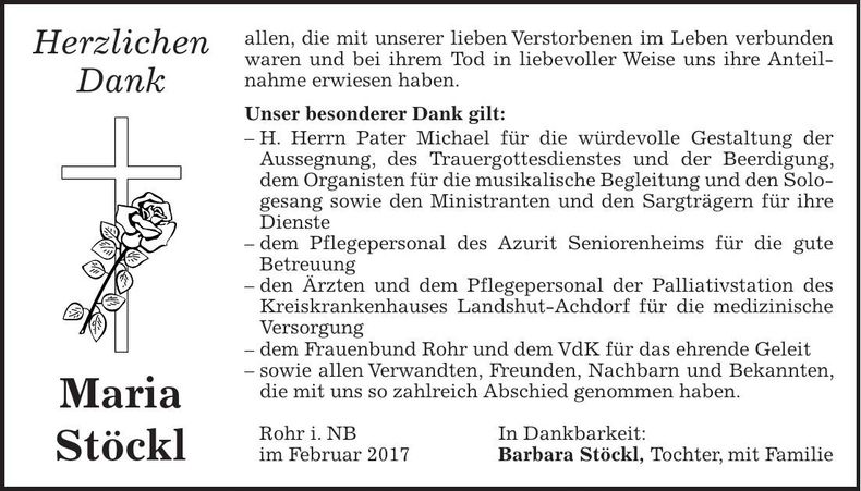 Traueranzeige Maria Stöckl