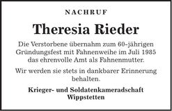 Traueranzeige Theresia Rieder