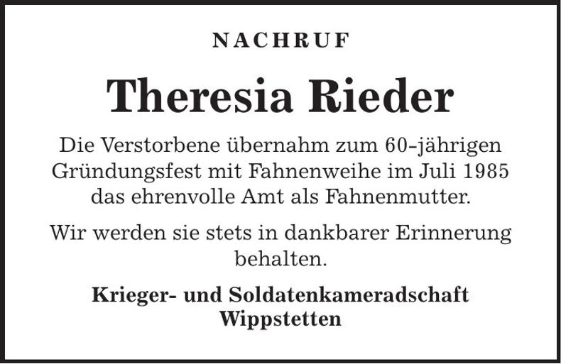 Traueranzeige Theresia Rieder