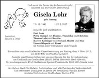 Traueranzeige Gisela Lohr