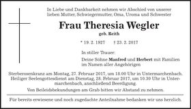 Traueranzeige Theresia Wegler