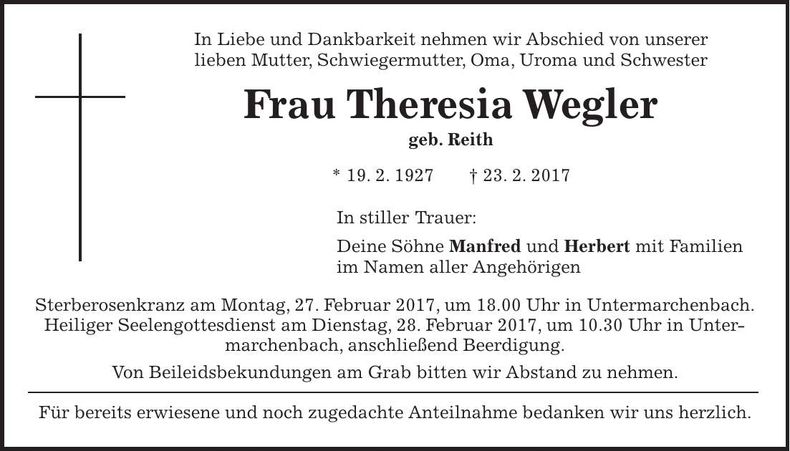 Traueranzeige Theresia Wegler