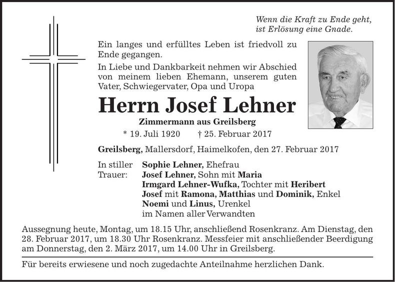 Traueranzeige Josef Lehner