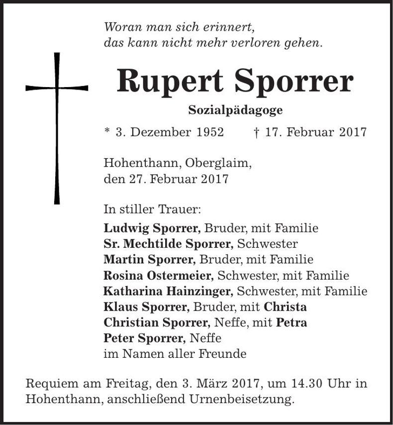 Traueranzeige Rupert Sporrer