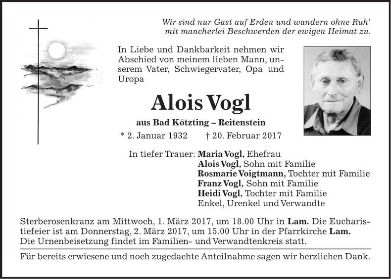 Traueranzeige Alois Vogl