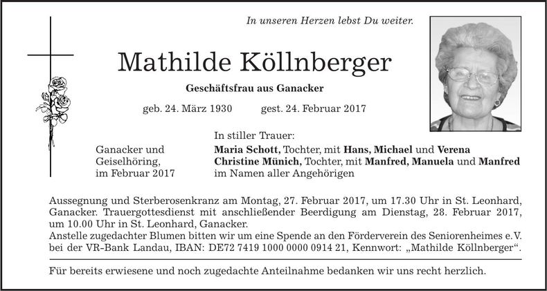 Traueranzeige Mathilde Köllnberger