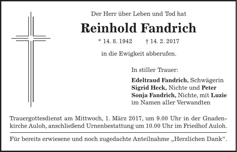 Traueranzeige Reinhold Fandrich