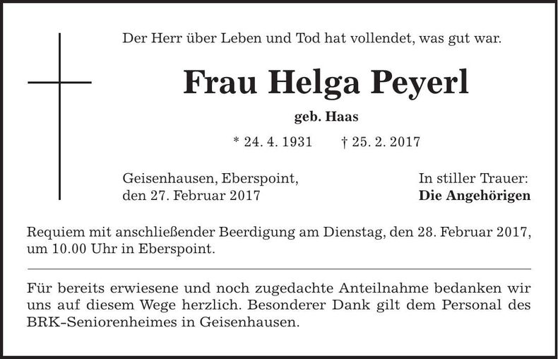 Traueranzeige Helga Peyerl