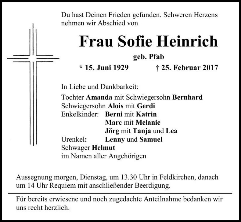 Traueranzeige Sofie Heinrich