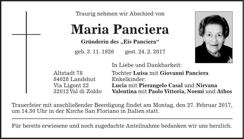 Traueranzeige Maria Panciera
