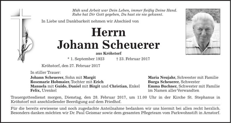 Traueranzeige Johann Scheuerer