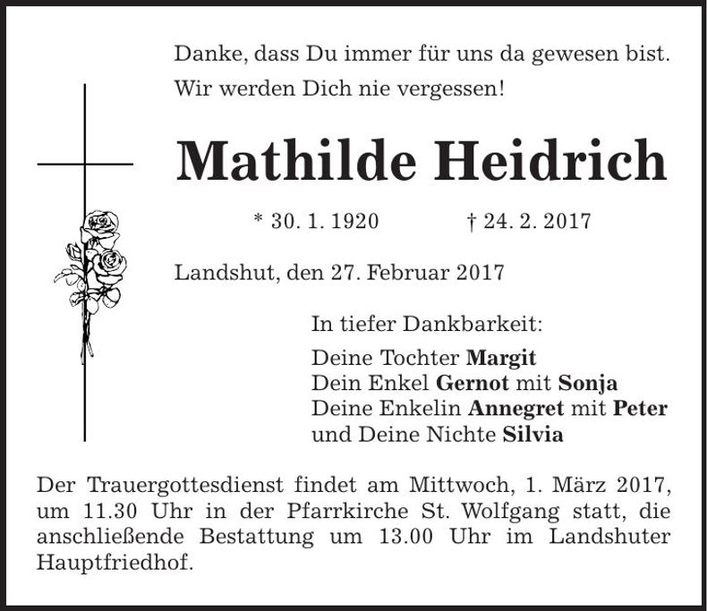 Traueranzeige Mathilde Heidrich