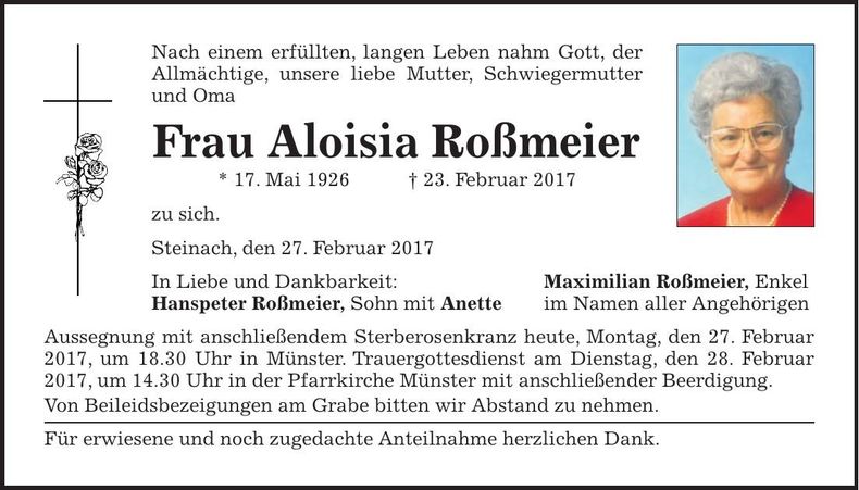 Traueranzeige Aloisia Roßmeier