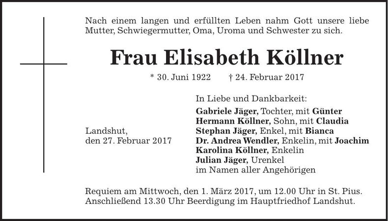 Traueranzeige Elisabeth Köllner