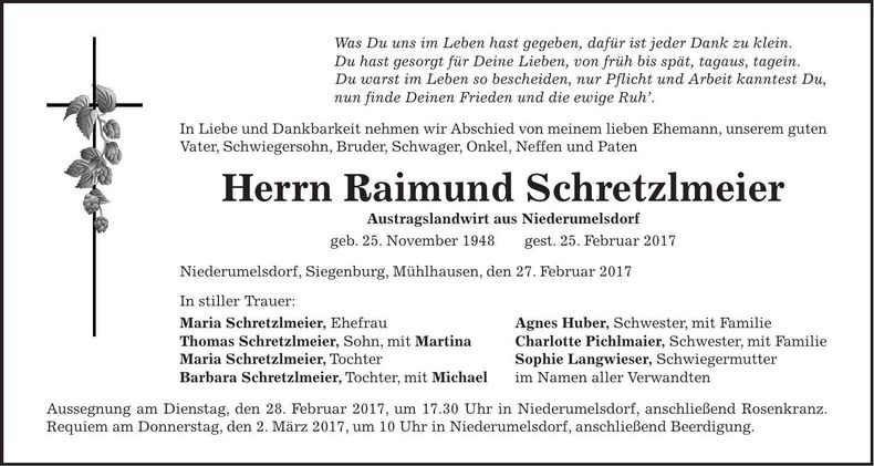 Traueranzeige Raimund Schretzlmeier