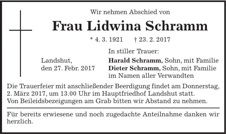 Traueranzeige Lidwina Schramm