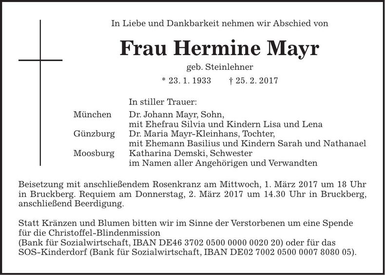 Traueranzeige Hermine Mayr