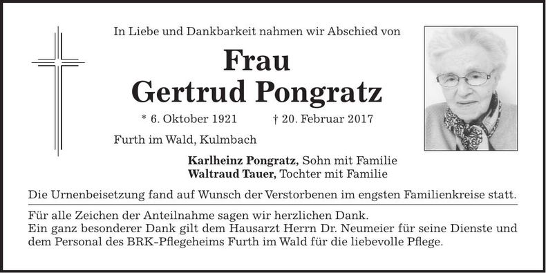 Traueranzeige Gertrud Pongratz