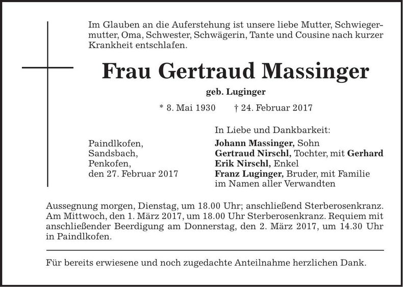 Traueranzeige Gertraud Massinger
