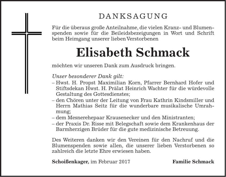 Traueranzeige Elisabeth Schmack
