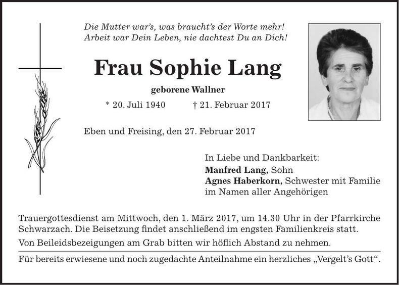 Traueranzeige Sophie Lang