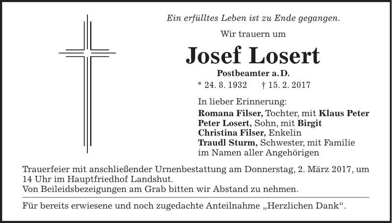Traueranzeige Josef Losert
