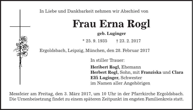 Traueranzeige Erna Rogl