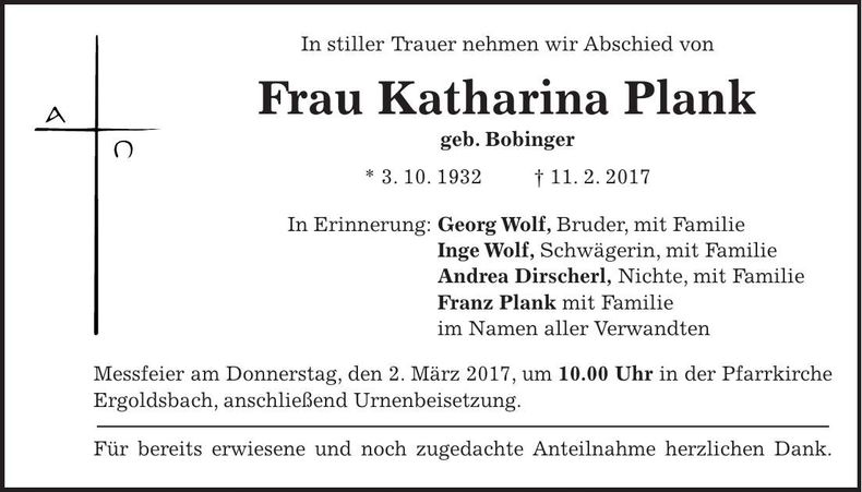 Traueranzeige Katharina Plank