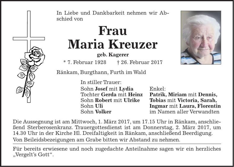 Traueranzeige Maria Kreuzer