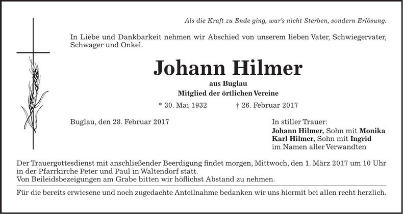 Traueranzeige Johann Hilmer