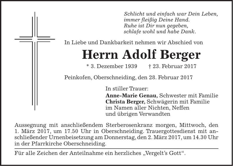 Traueranzeige Adolf Berger