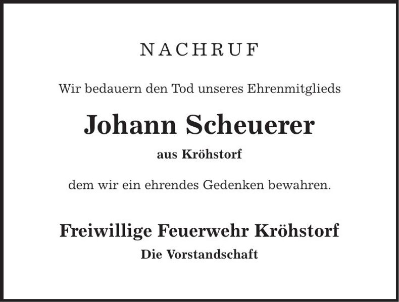 Traueranzeige Johann Scheuerer