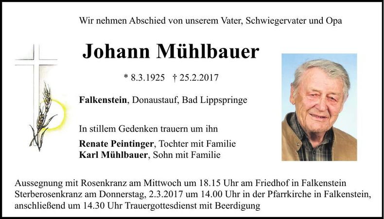 Traueranzeige Johann Mühlbauer