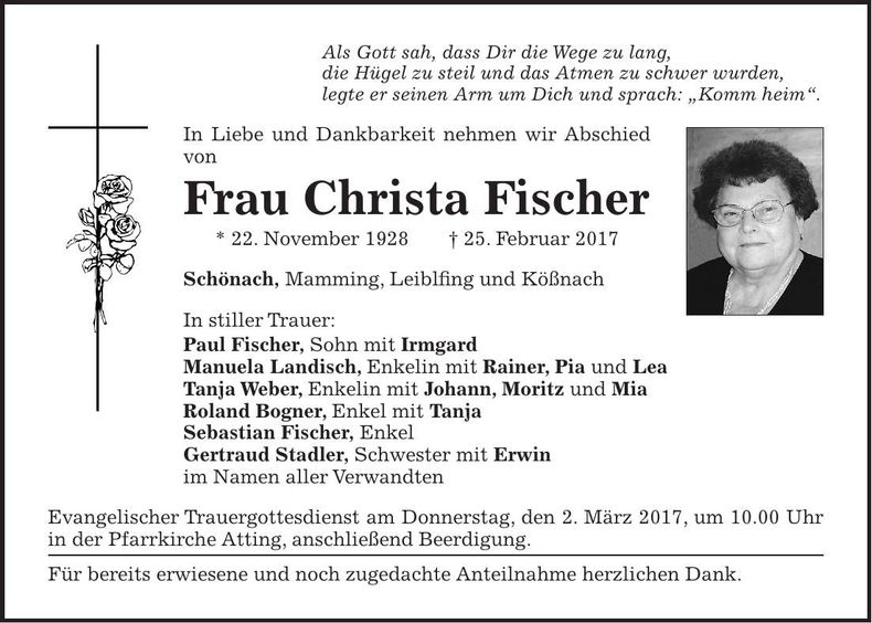 Traueranzeige Christa Fischer